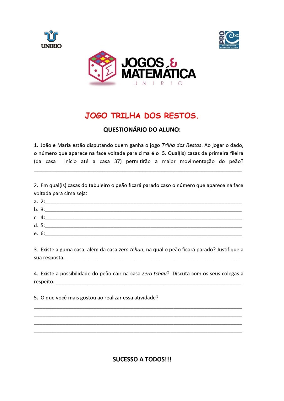 Diretoria de Ensino Fundamental- Matemática: Trilha do resto