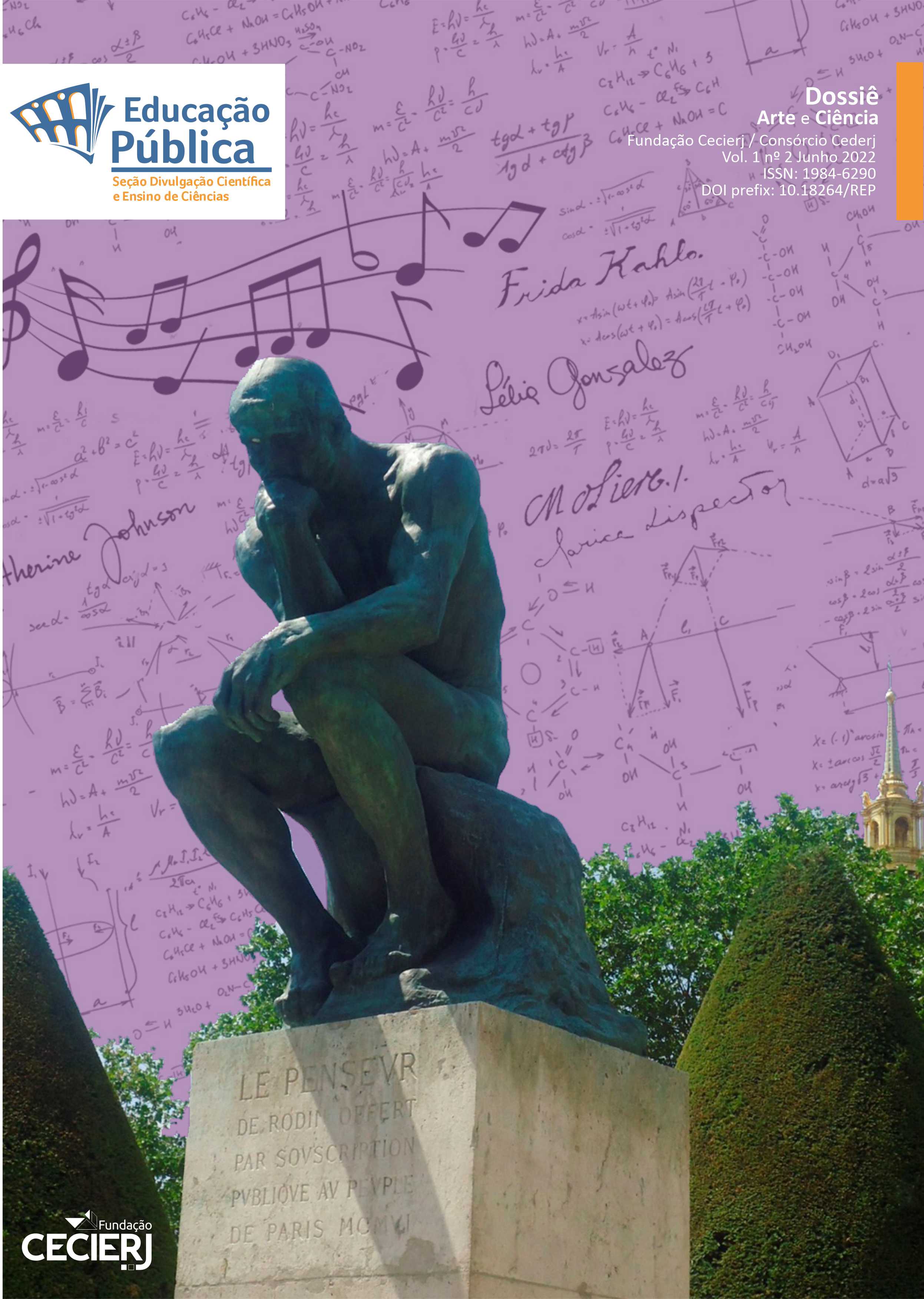 A capa é composta por uma montagem com a imagem da obra "O pensador", de Auguste Rodin. A escultura é esverdeada na qual um homem com a mão sobre o queixo parece refletir. Está sentado.  Ao fundo, arbustos, e inscritos em um céu lilás, partitura, fórmulas e assinaturas de artistas e cientistas.